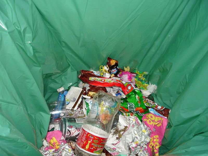 Common rubbish in a bin bag.