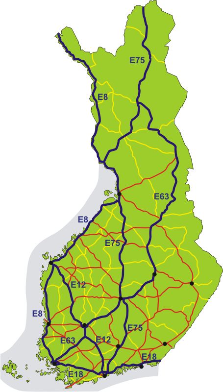Finnish motorways (blue) with their European numbers and national roads (red and yellow)