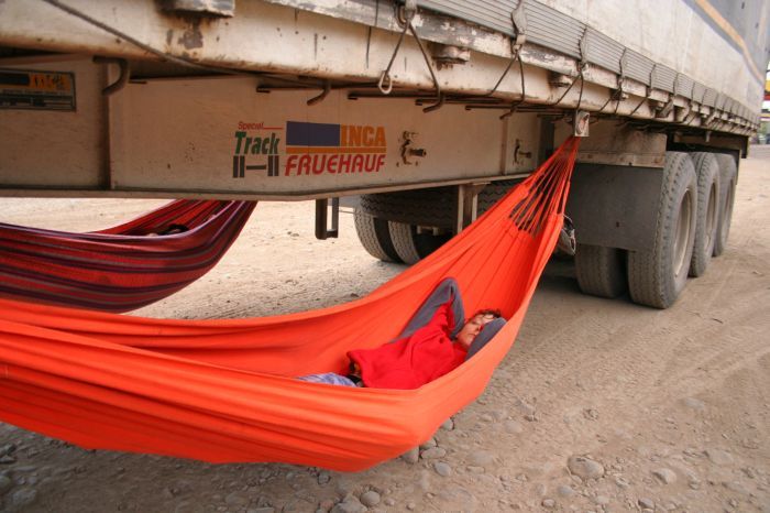 Hitchhiker Katja resting in a hammock under the truck