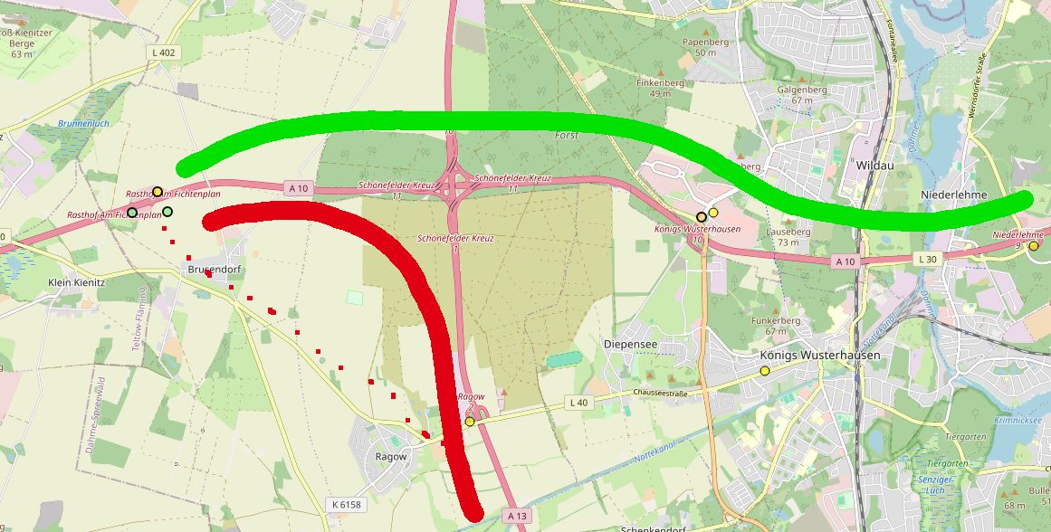 Hitchhiking at an interchange. Starting from the rest area the green direction is usually simple, the red direction can be more difficult, you might even have to skip the interchange by walking (dotted red line).