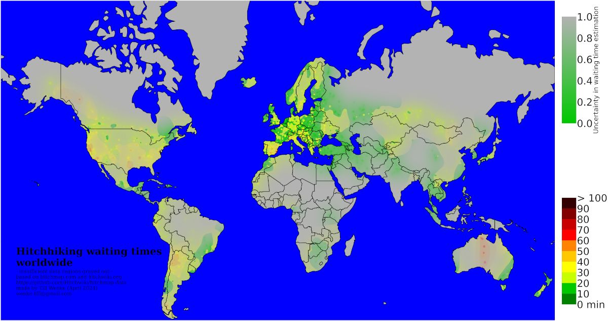Hitchhiking waiting times worldwide with uncertainties of estimation (2024) - based on data from Hitchwiki Maps
