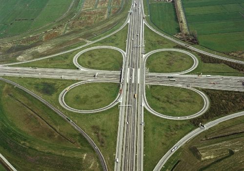 A typical cloverleaf interchange with collector/distributor roads.