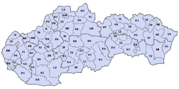Map of Slovakia showing districts and the codes associated with them